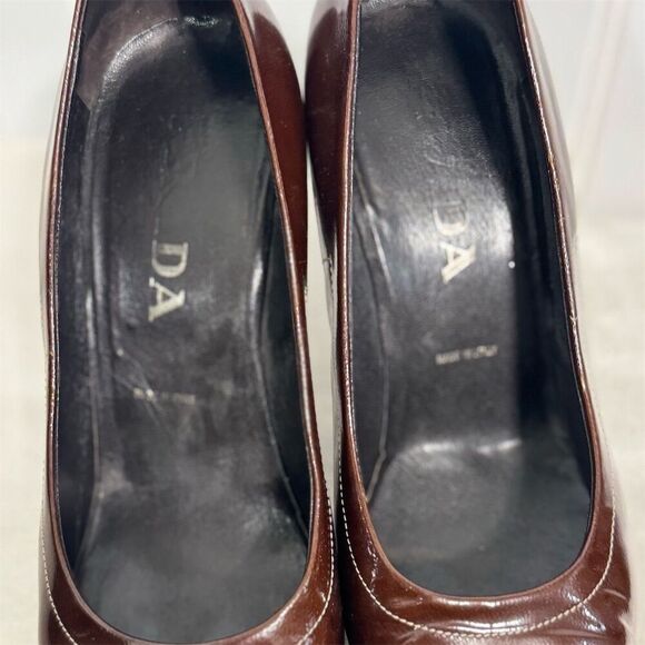 Prada Brown Patent Leather Heels 36.5 US 6.5 Italy Square Toe Pumps Vero Cuoio - Picture 8 of 9